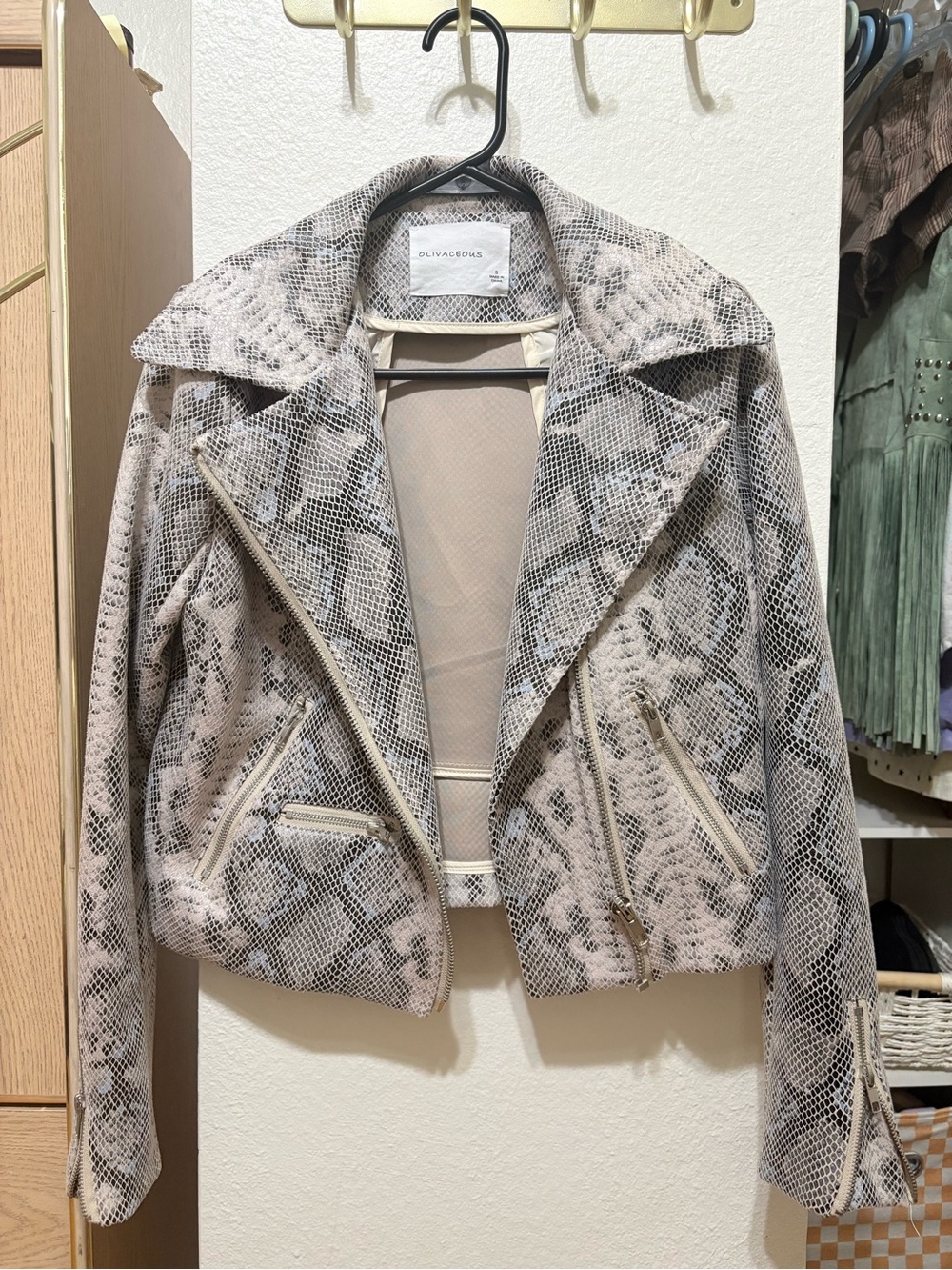Olivaceous Women's Snake-Print Moto Jacket in Beige